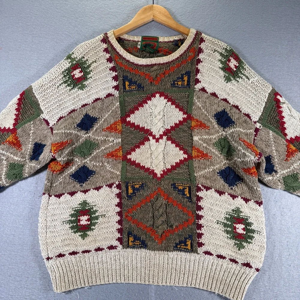 Vintage Boston Traders Hand Knit Cotton‎ Sweater Mens Medium Aztec Pattern